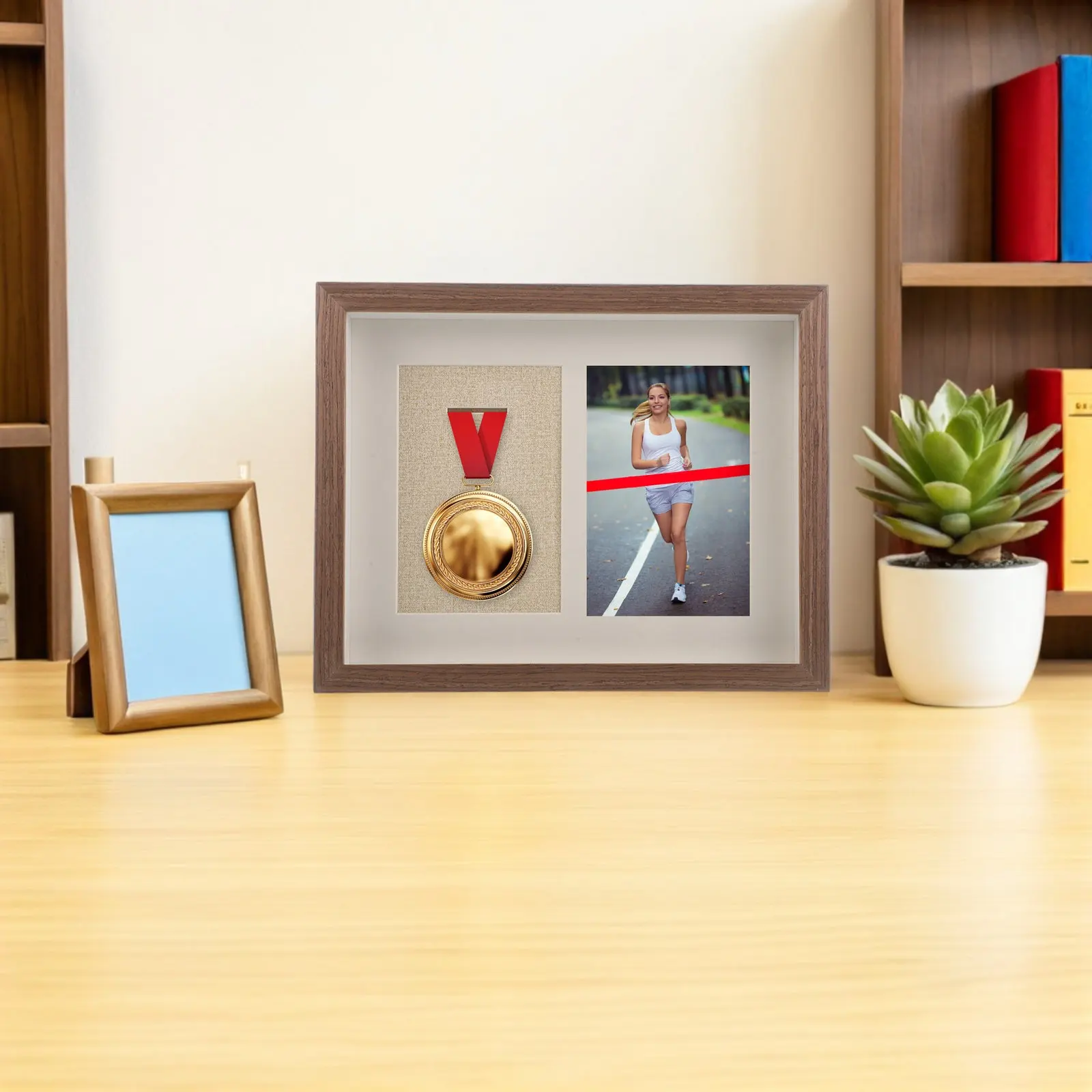 10 Inch Wood Medal Display Frame Coffee Brown Single Medal Holder Storage Box Desktop Shadow Box Office Home Sports Medals Case