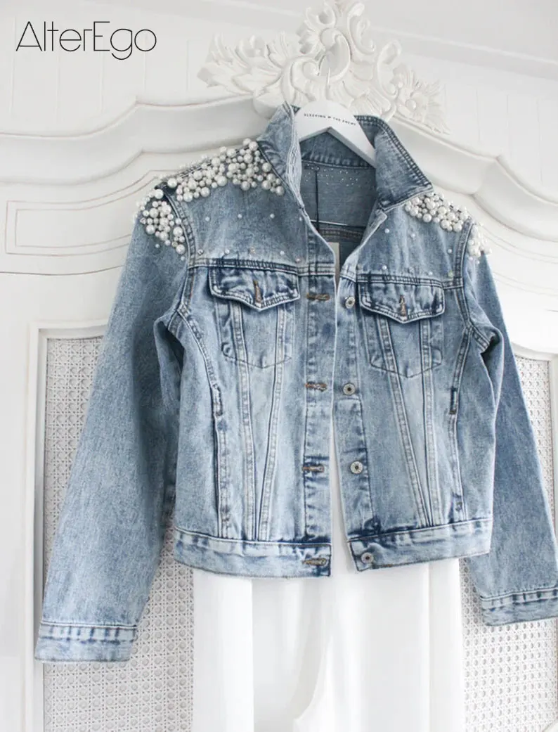 Luxury Jean Jackets Bride Pearl Denim Coat Bridal Pearls Coats Future Denim Outerwear Wedding Women\'s Clothing 2023 Solid Jacket