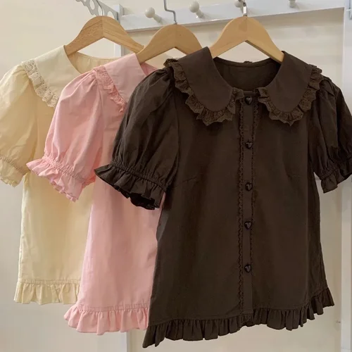 Imagen 2 del producto Camisas japonesas Kawaii Lolita para Mujer, Blusas ajustadas de manga corta abombada con volantes, Top bonito de retazos de encaje Y2K para Mujer
