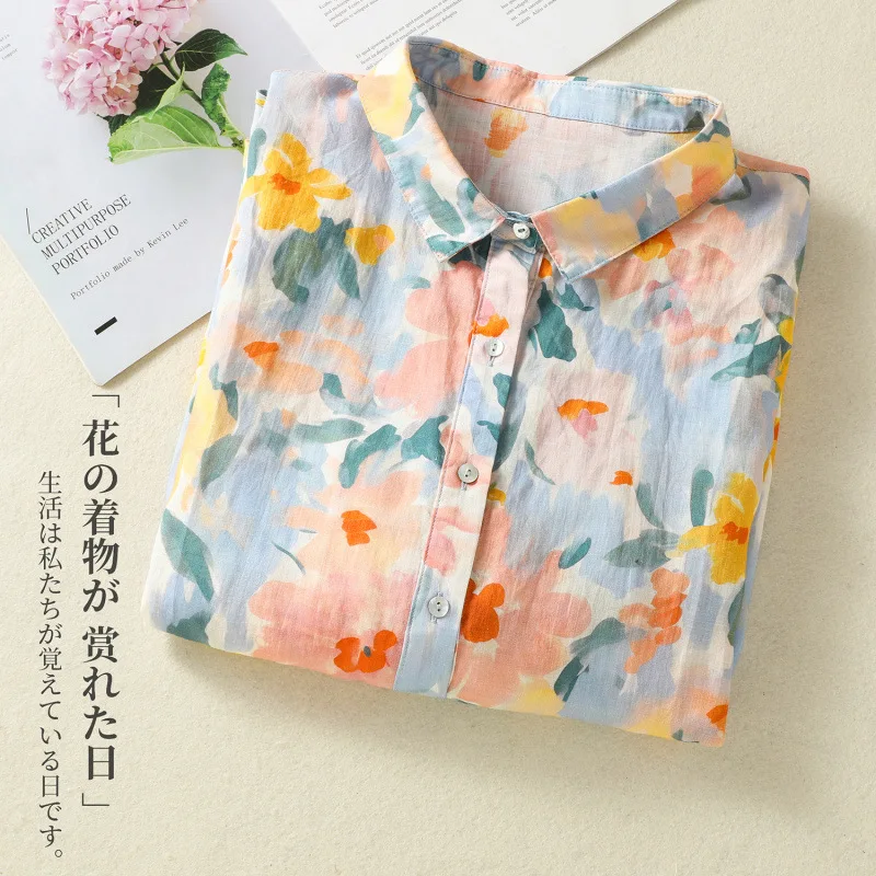 

Women Summer New Vintage Floral Printed Cotton Linen Shirts Turn Down Collar Short Sleeve Casual Loose Blouse Tops