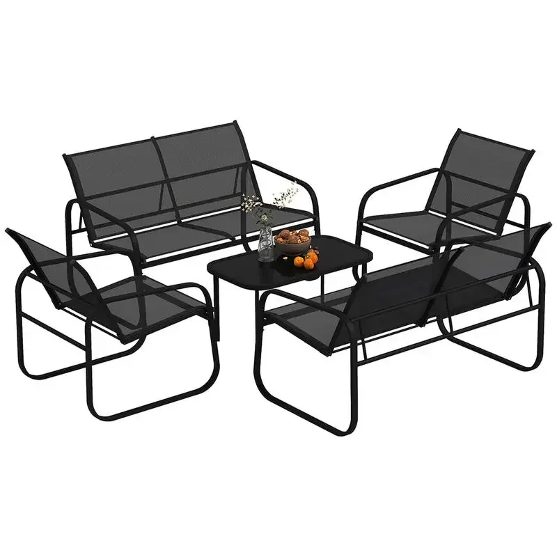 Salon de jardin extérieur 5 pièces en ACIER et textile avec canapés, 2 fauteuils et table avec berceau et verre trempé, gris