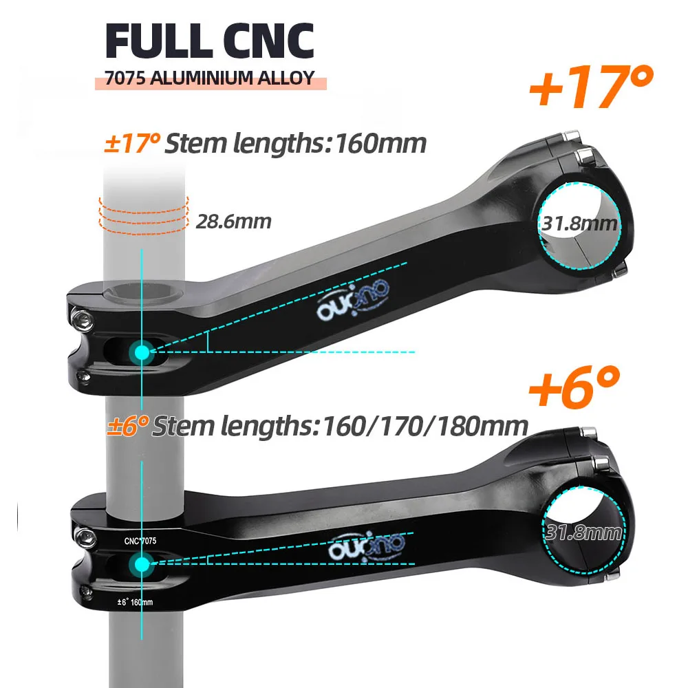 OUO Long Bicycle Handlebar Stem CNC 160/170/180mm Mtb Bike Table 6/17Degree Takeaway 31.8 For Bicycle Downstem 7075 Aluminum