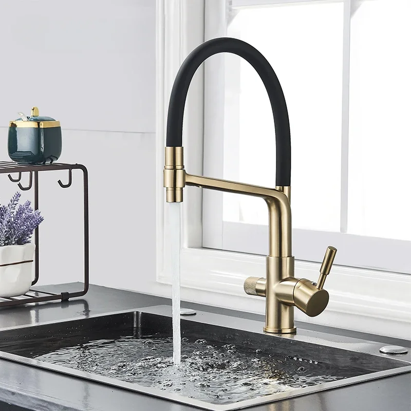 Brushed Golden Kitchen Sink Faucet Pure Water Filter Mixer Crane Dual Handle Pull Down Purification Kitchen Hot Cold Water Tap