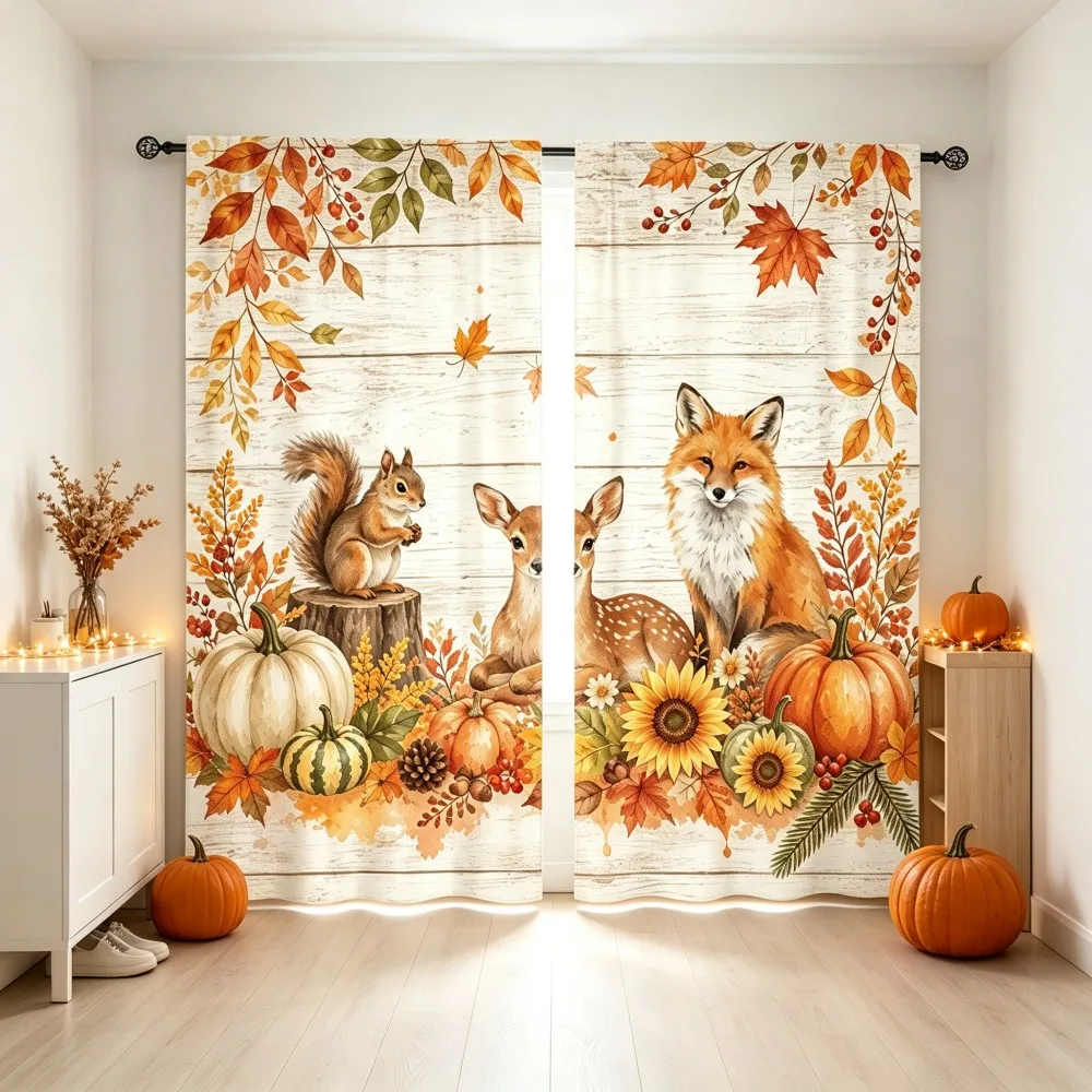 2PCS Thanksgiving Fall Curtains, Squirrel Deer Fox Pumpkin Maple Leaf Sunflower, Digital Print, Bedroom Living Room, Home Decor
