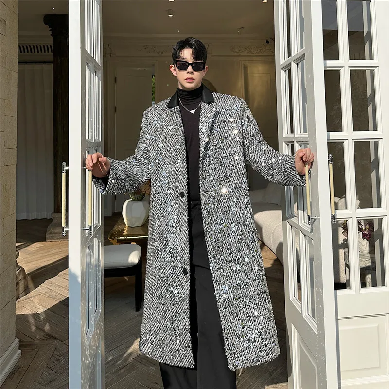 SYUHGFA Personalized Sequin Men's Wollen Coats Turn-down Collar Thickened Single Breasted Long Jacket Fashion Winter 2024