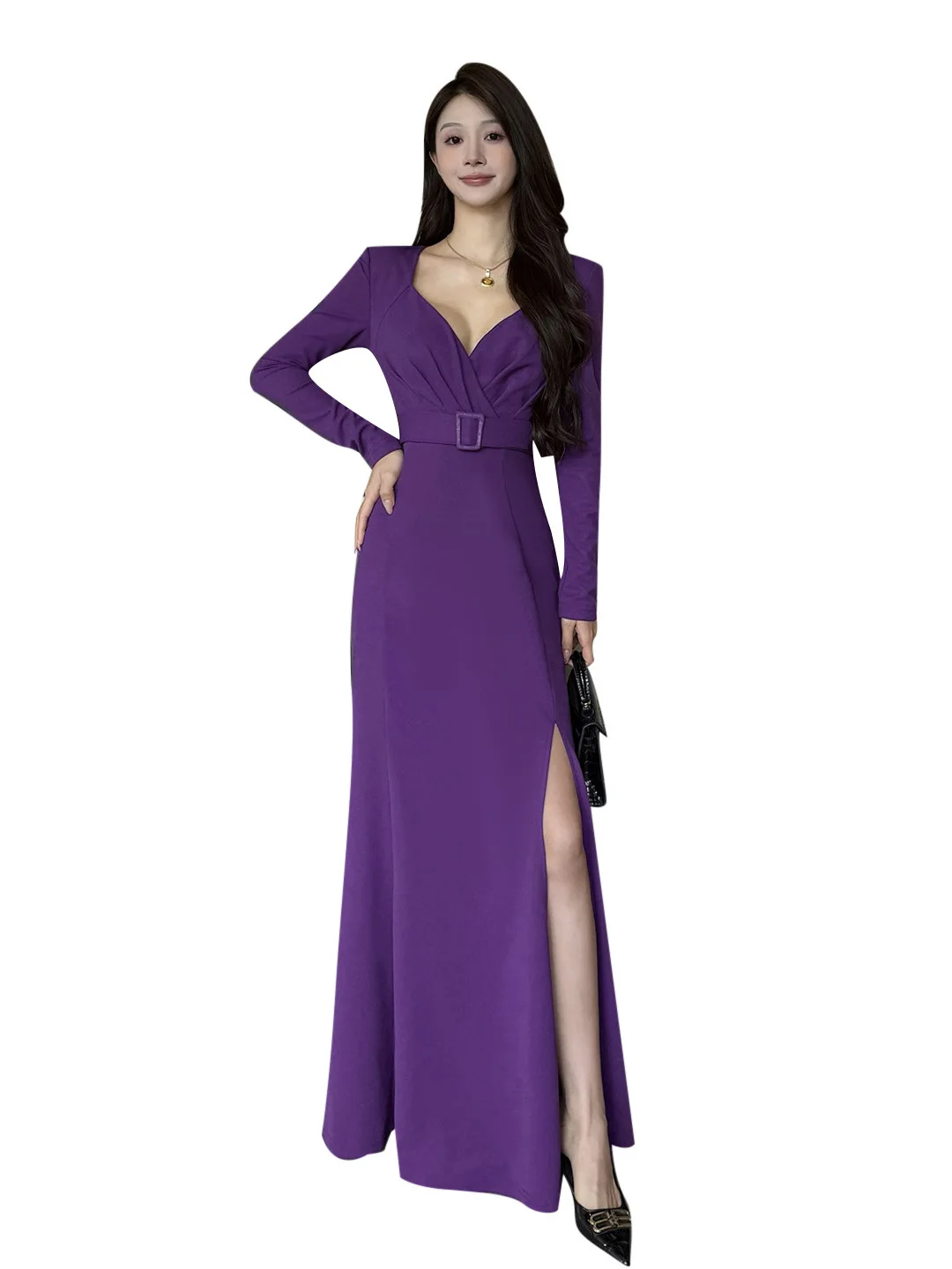Elegancka Sukienka Wieczorowa w Stylu Retro z Dekoltem w Serek, Fioletowa, z Długim Rękawem, z Paskiem, Rozcięciem z Boku, Krój Syreny, Luksusowa Sukienka na Wiosnę, na Imprezę, Bal Maturalny