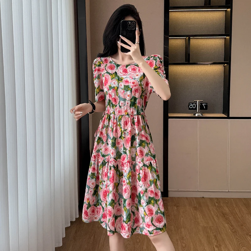 

Elegant A-Line Midi Dress Short Sleeve Women's Fashion Summer 2026 Mommy Clothes Casual Cotton Polyester Blend round Neck