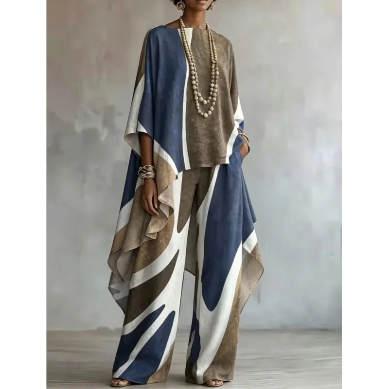 Retro Color Blocked Two-piece Set Women's Loose O-neck Long Top And Wide Leg Pants Suit Lady Fashion Office Outfit With Pockets