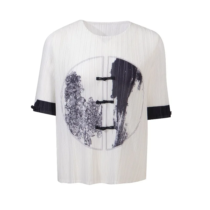 Miyake Pleated T-Shirt 2026 New Button Print Short Sleeve Round Neck Fashion Lightweight Stretchy Women's Semi-Transparent Top