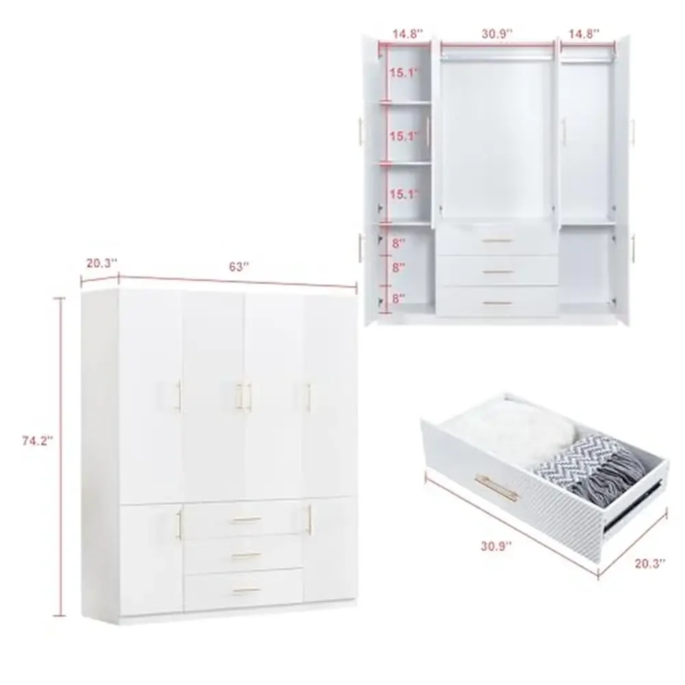 Wooden Wardrobe Closet Armoire 4 Doors 3 Drawers White Freestanding Cabinet Storage Bedroom Bathroom Maximize Space & Strong