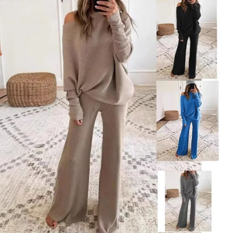 Autumn and Winter New Solid Color Simple Bat Sleeve Long Sleeve Drawstring High Waist Wide Leg Trousers Knitted Two-piece Set