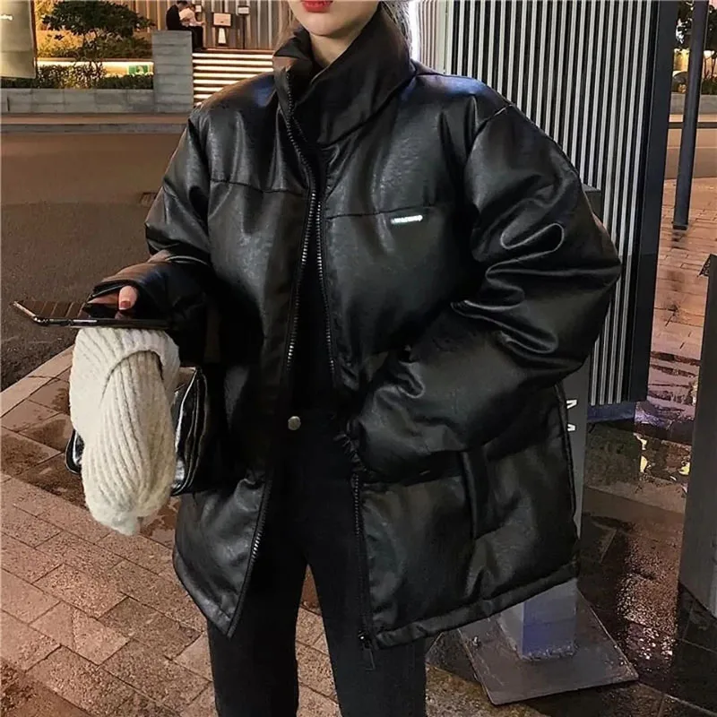 Zoki Winter Warm Faux Leather Parkas Women Fashion Pu Black Thick Down Jacket Y2K Oversized Streetwear Female Zipper Outerwear