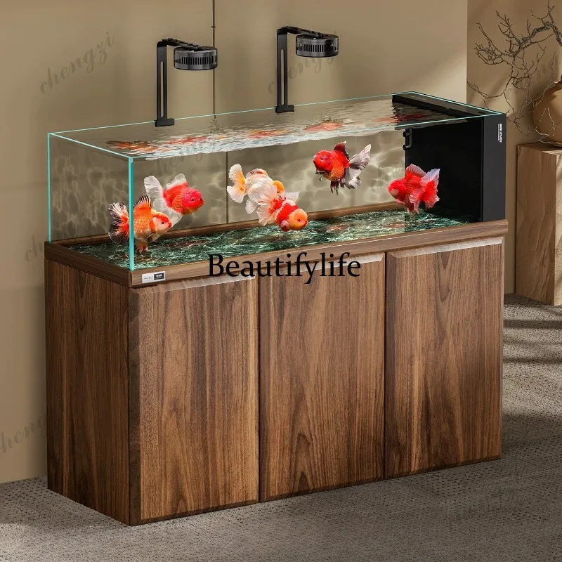 New 3-layer wet and dry separation living room vertical integrated gold crystal ultra-white glass landscaping goldfish tank