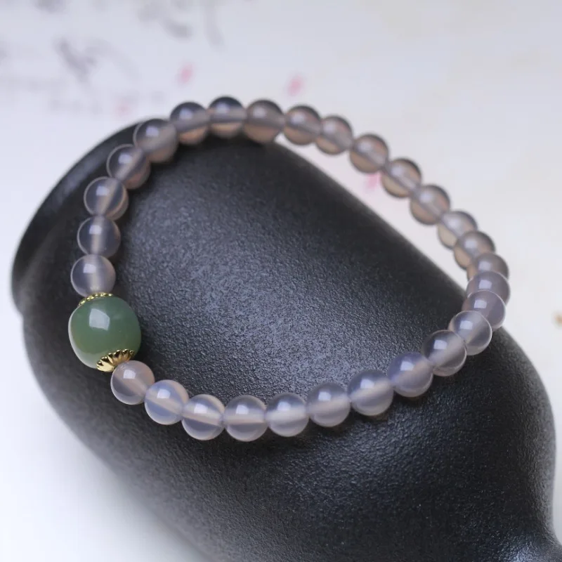 Natural Gray Agate Clear Water Old Bead Bracelet Men's and Women's Fashion