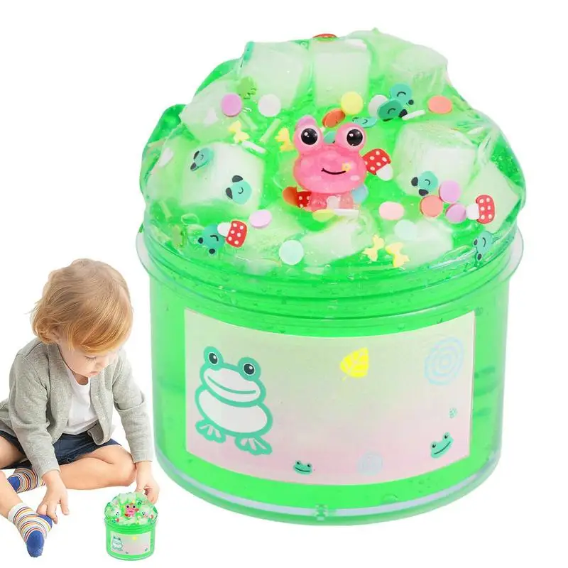 Lama de cristal sapo verde kit de argila de cristal divertido brinquedo diy lama crianças diy pressão reduzindo brinquedo fatias de frutas argila de lama colorida