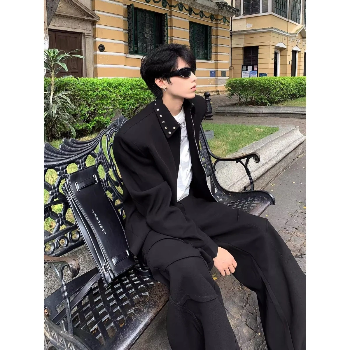 

Metal Rivet oulder Pad Men's ort Jaet Bla Polyester Fabric Autumn Winter Faion Sensation Stand Fit Youth Outerwear