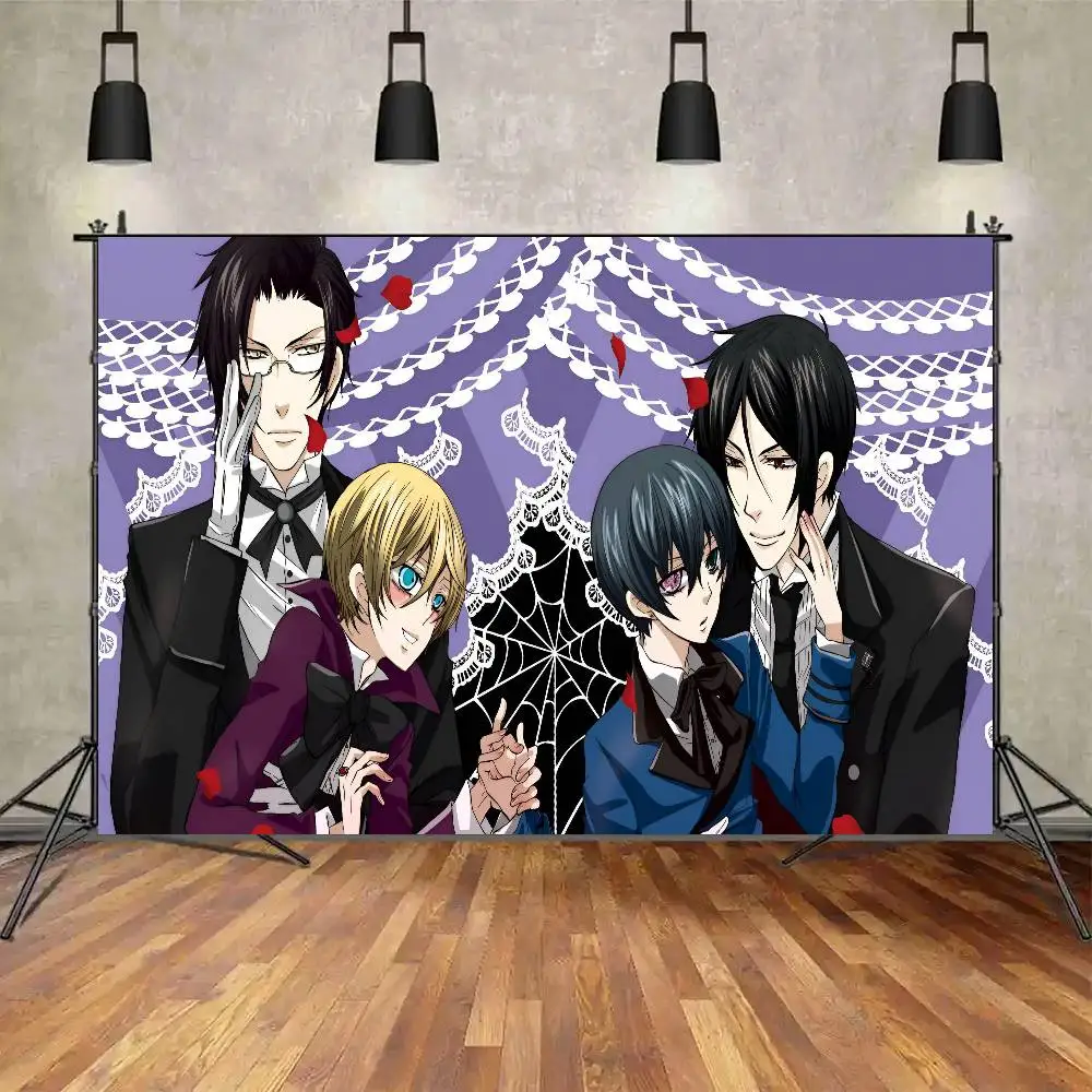 أنيمي الأسود بتلر الديكور خلفية غرفة الطرف الديكور خلفية القماش الأطفال عيد ميلاد راية التصوير الدعائم