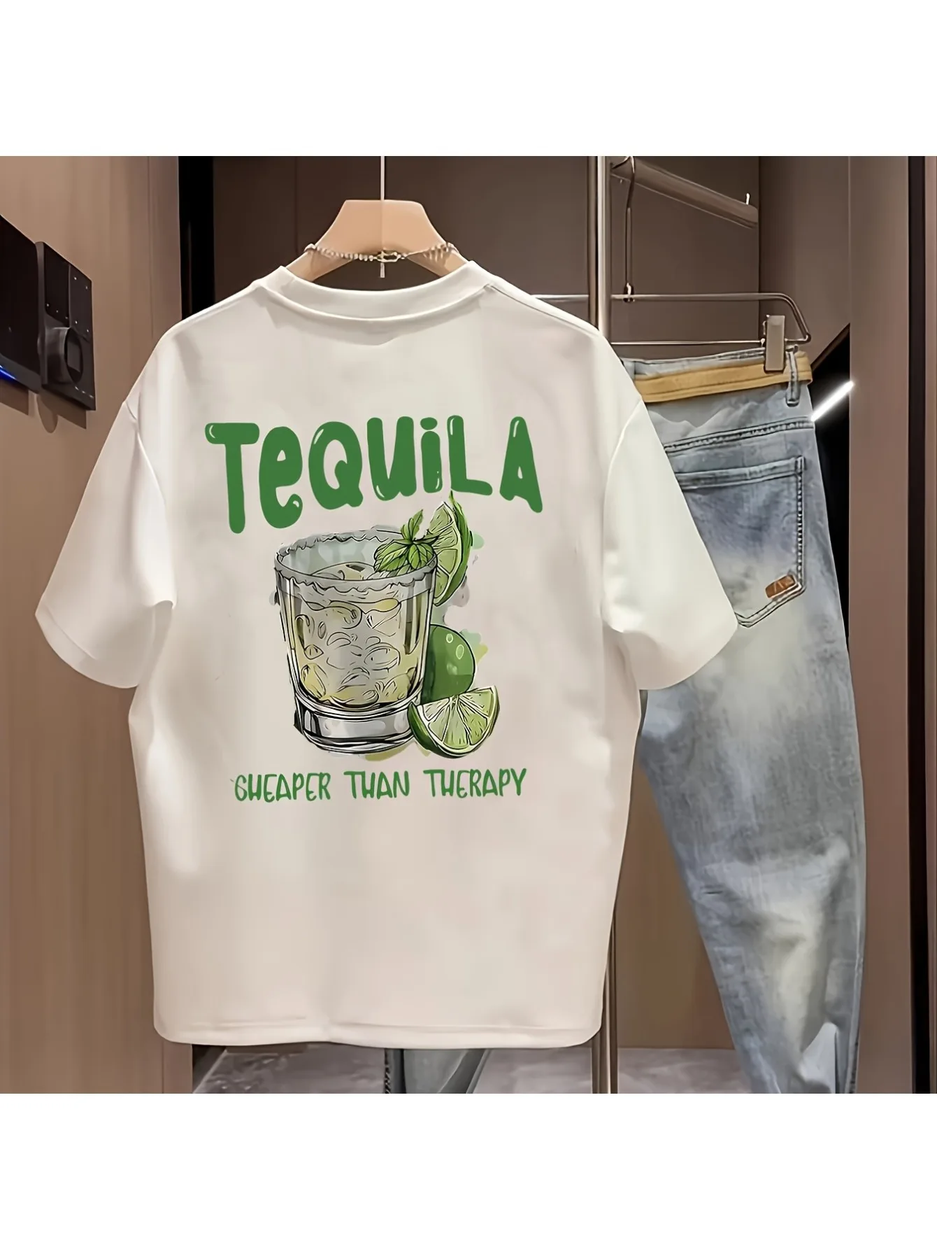 T-shirt pour homme en coton 100% avec citation 'Rétro Tequila moins cher que la thérapie' et imprimé cocktail, haut décontracté d'été inspiré des soirées