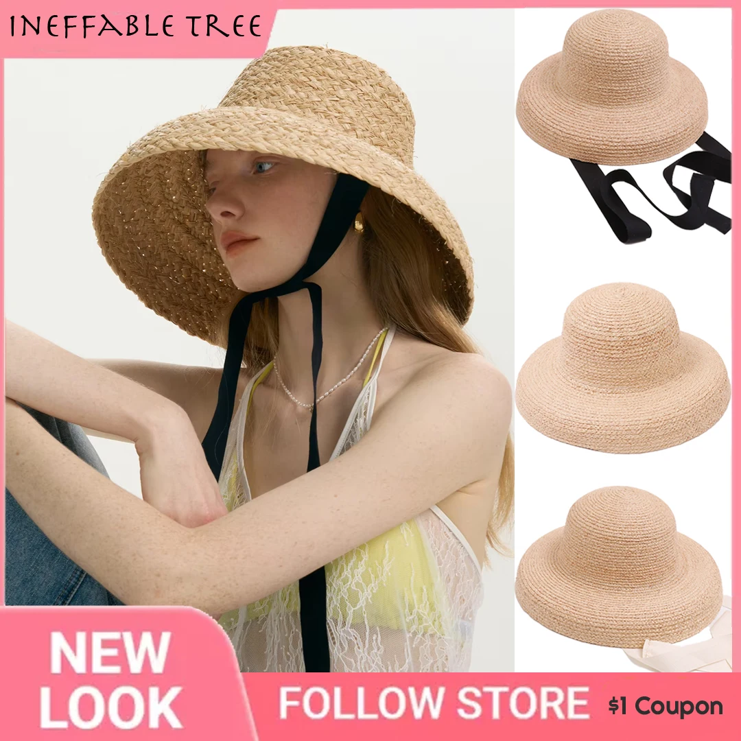 Parent-Child Raffia Straw Hats for Women Girl Spring Summer French Sun Hat with Straps Elegant Vacation Sun Protection Beach Cap
