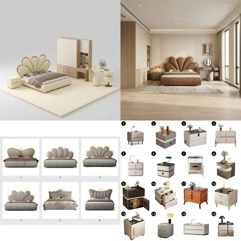 Modern Italian luxury five-piece bedroom furniture set PU leather queen bed wardrobe dresser with 5 + drawers can be
