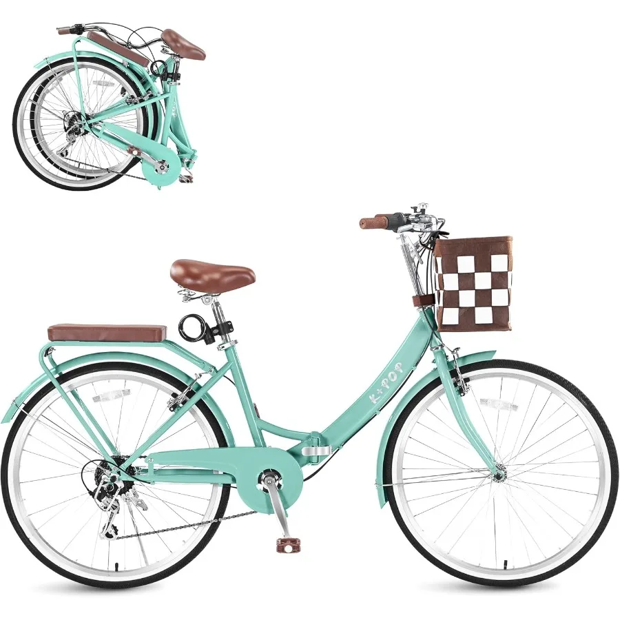 

Foldable Beach Cruiser Bike for Women 24/26 Inch Bikes for Women 7 Speed Commute Bike with Basket Adult Womens Bicycles Folding