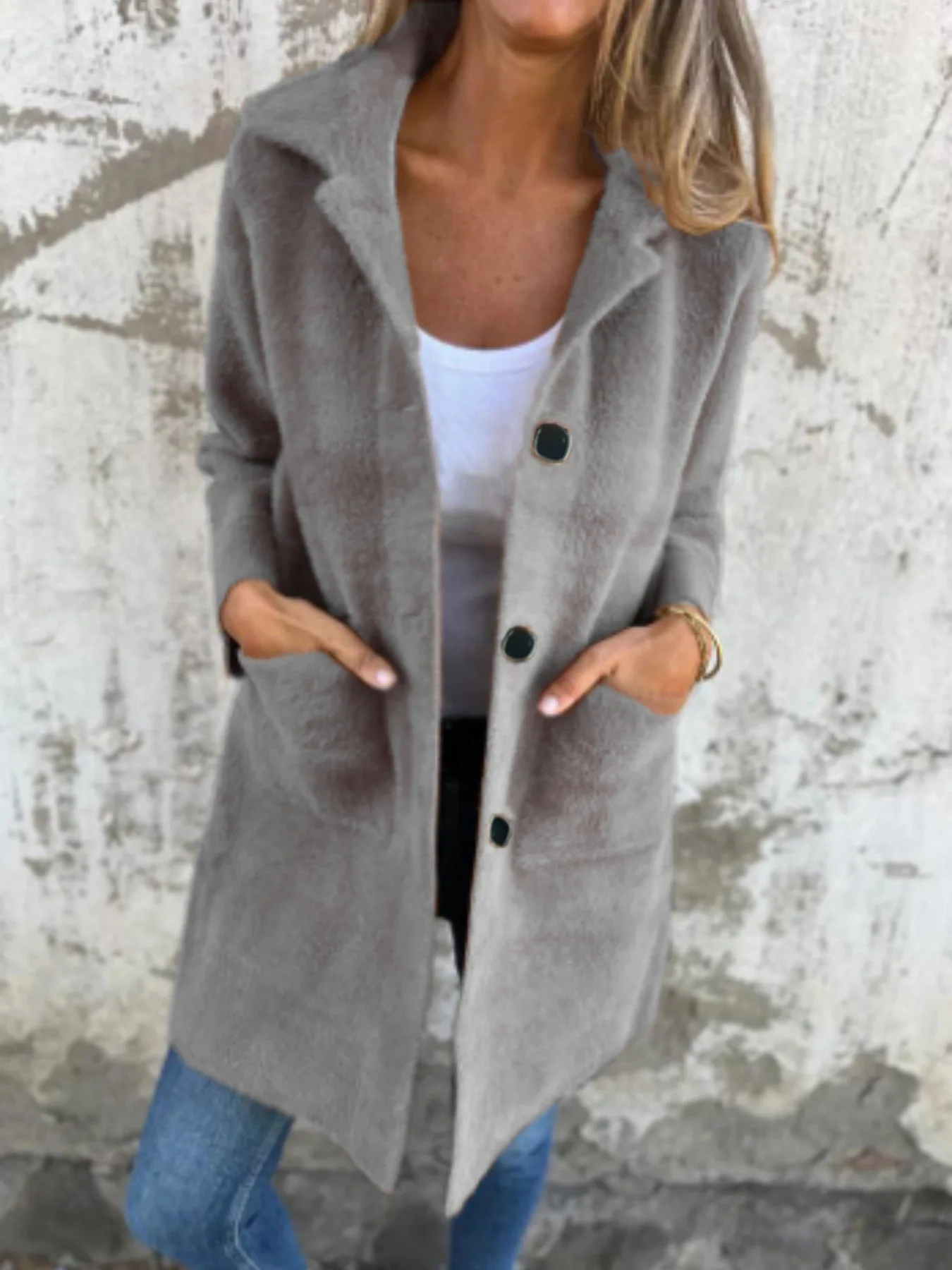 

2024 Autumn and Winter Single-Breasted Solid Color Lapel Pocket Double-Sided Cashmere Mid-Length Coat for Women
