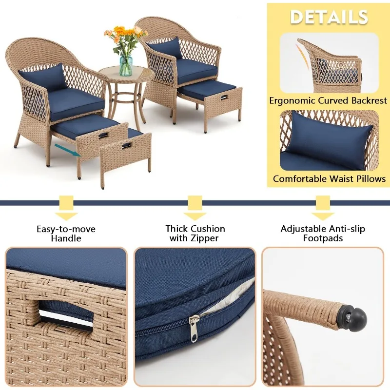 AVAWING 5 Pieces Patio Furniture Set, Outdoor Rattan Chairs with Round Glass Coffee Table, Ottomans & Soft Cushions,