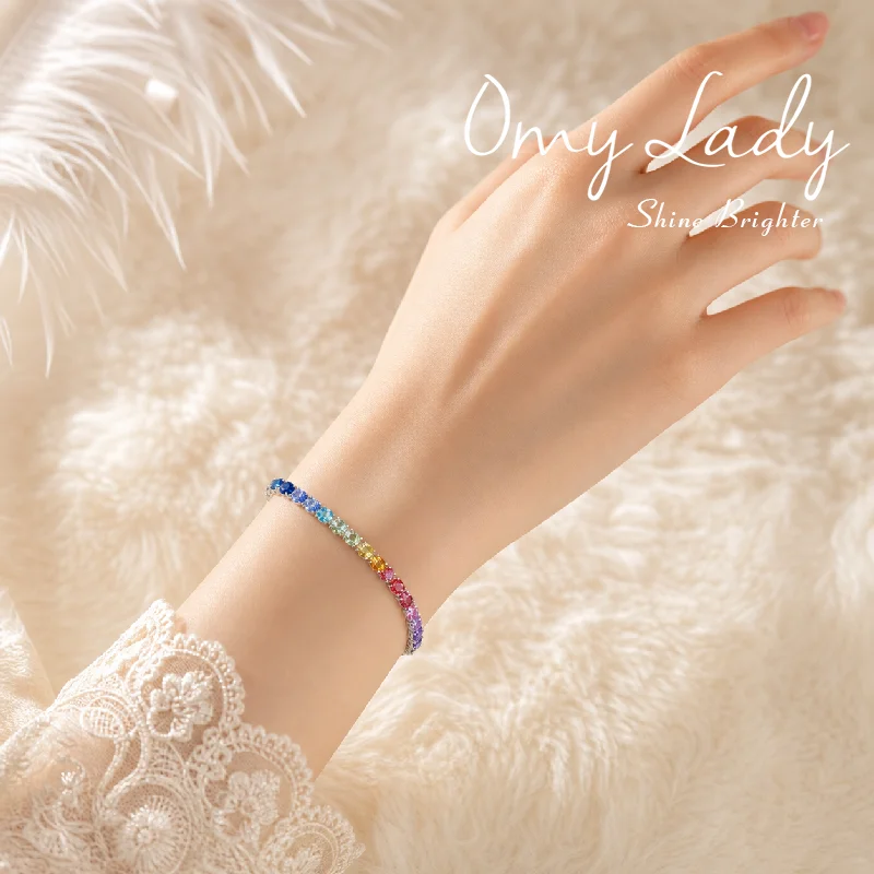 OMY LADY, Shine Brighter,Best Selling New Oval Lab Grown Colored Gemstone Rainbow Bracelet, S925 Sterling Silver Jewelry