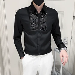 Camisa de esmoquin de manga larga para hombre, vestido de lentejuelas delanteras, ropa superior ajustada, blusa de baile para fiesta de boda, blanco y negro, nuevo diseño