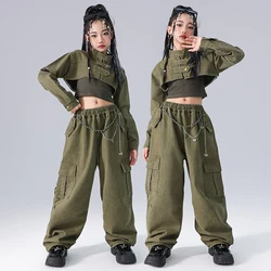 2024 Hip Hop Girls Clothes Jazz Dance Navel Tops Long Sleeves Loose Pants Street Dance Costume Group Performance Suit BL14038