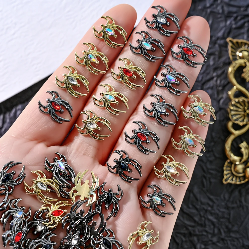 10pcs Alloy Spider Halloween Nail Charms 3D Black Gold Spider Crystal Rhinestone Gem Retro Jewelry For Nail Art Decorations