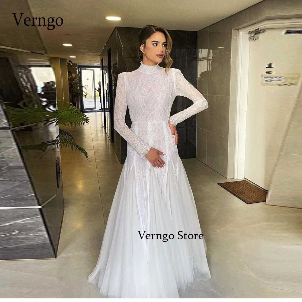 Verngo Elegant High Neck Lace Mermaid Wedding Dresses Boho Long Sleeves Tulle Bottom Arabic Women Bridal Gowns vestidos de novia