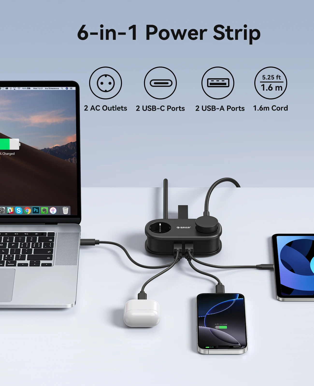 ORICO EU Plug GaN 65W Electrical Power Strip  2 AC Outlets 2 USB Port 1 Type C Socket Extension Cord Fast Charging Travel