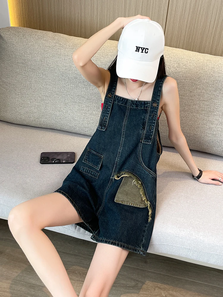 

High Waist Loose Fit Denim Overalls Women's Spring Summer New Design Sensation Shoulder Strap Shorts Slimming Effect