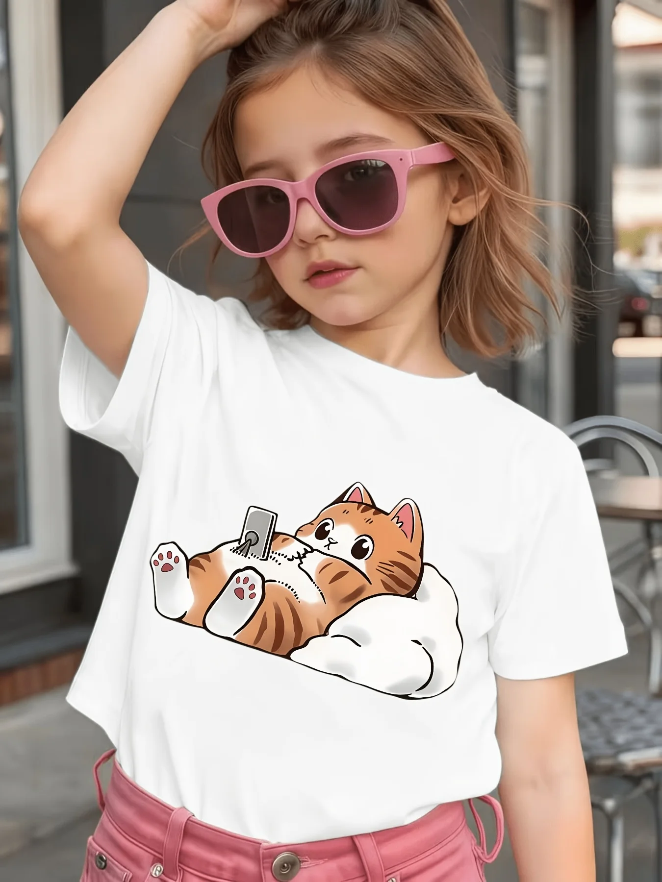 Chubby Tabby Cat Pillow Graphic Kids T Shirt Boys Girls Parent Child Matching Cotton Short Sleeve Tees For Young Toddler Kids