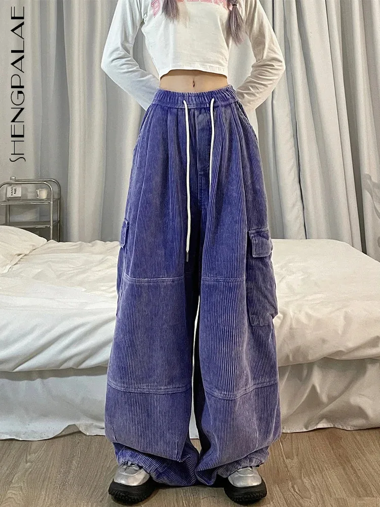 SHENGPALAE Wide Leg Trousers For Women Elastic Waist Spliced Pockets Lace-up Vintage Style New 2025 Spring New Pants 5G509