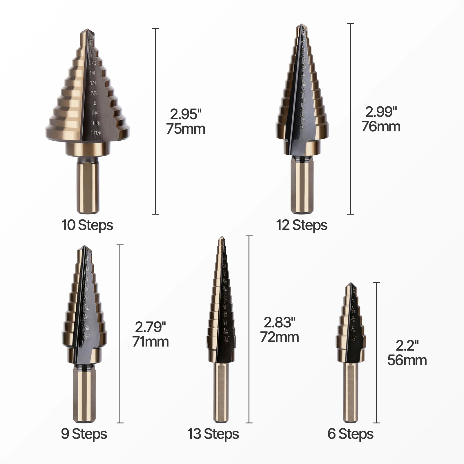 Versery 5 ชิ้น Step Core เจาะบิตสามเหลี่ยม Shank ตรงร่องเจดีย์เครื่องตัดกรวยโลหะเจาะ Bit Hole เปิด 3/4 "-1/8"
