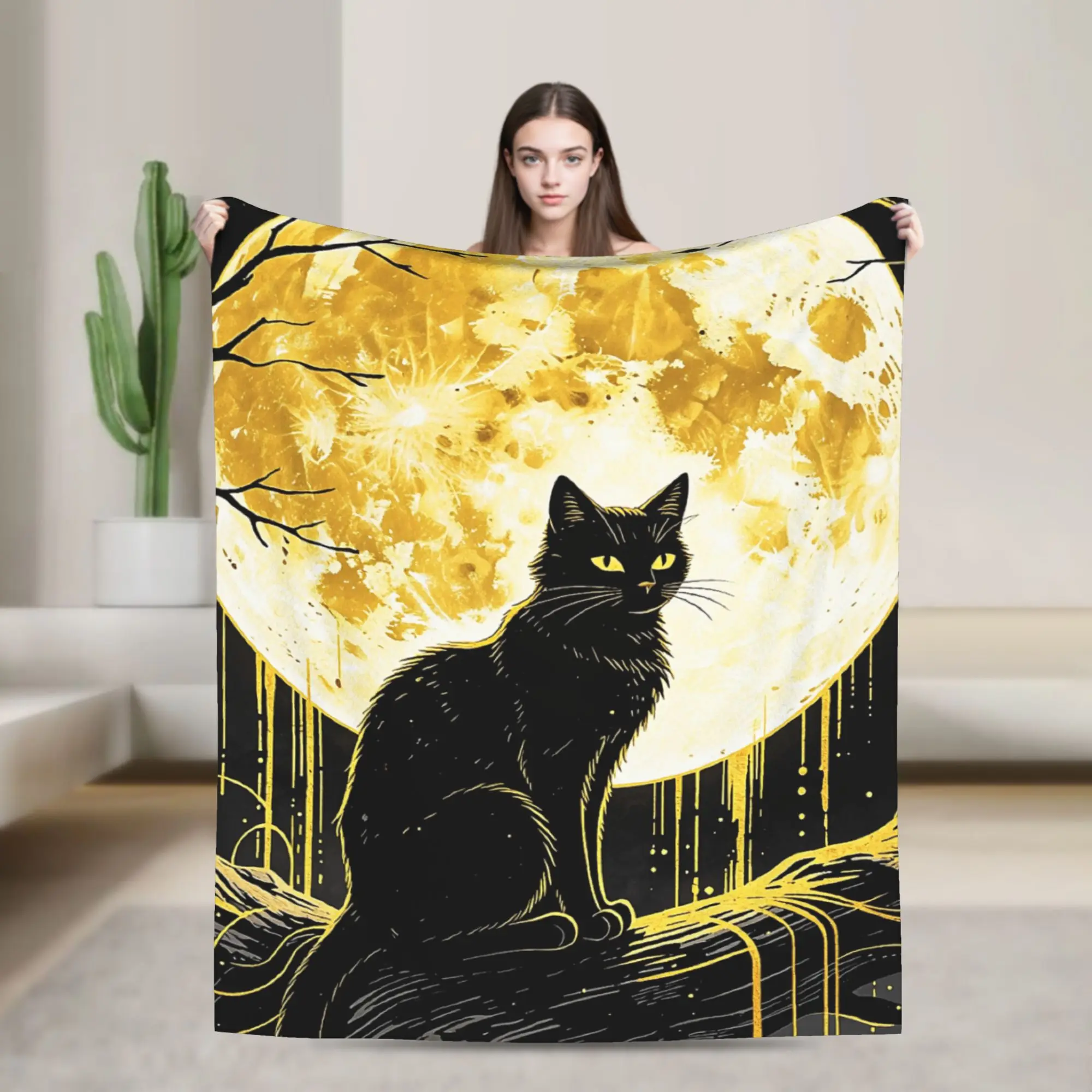 Halloween Black Cats Flannel Throw Blanket Moon Gothic Mystical Blanket for Bed Car Warm Plush Thin Quilt
