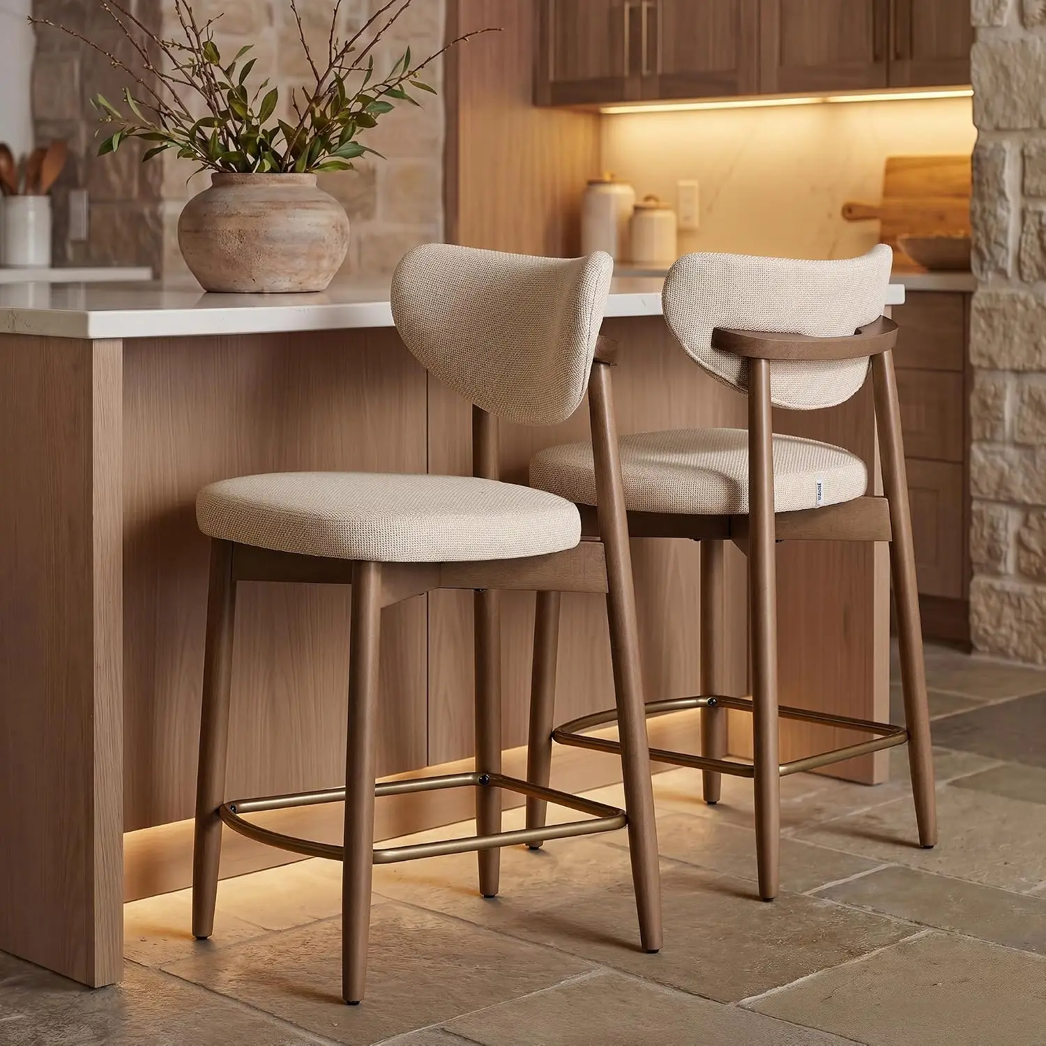 Wooden Bar Stools Set of 2, Linen-Look Fabric, Cappuccino Beige | Barstools with Solid Wood Legs, Ergonomic Backrest, Mid Centur