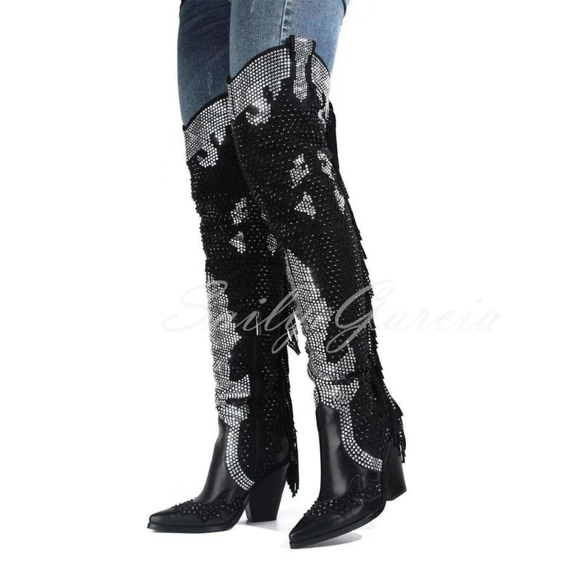 

Модные подиумные сапоги выше колена с кисточками и стразами, блестящие женские сапоги до бедра на толстом каблуке с кристаллами и бахромой