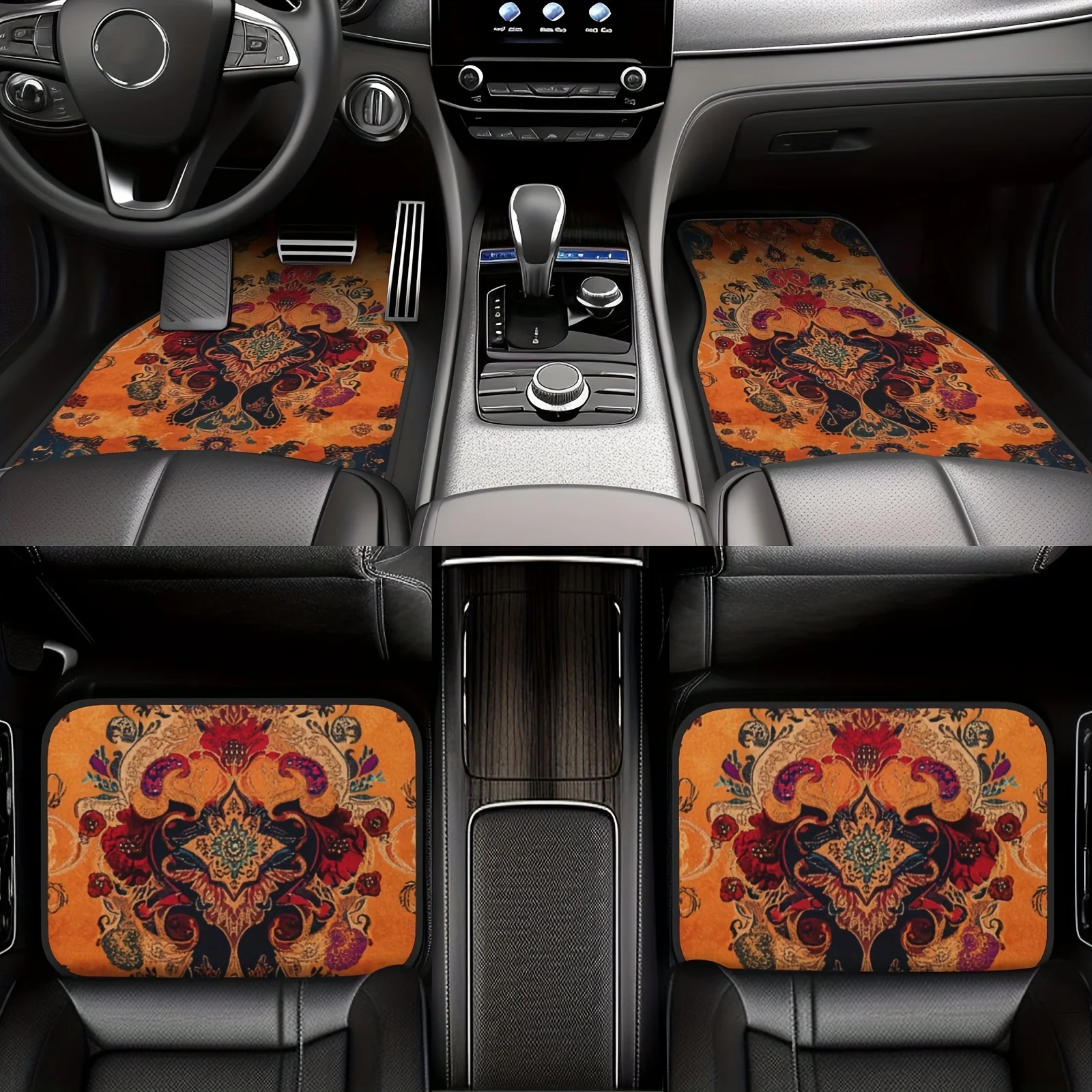 4pcs Bohemian Pattern European Ethnic Car Floor Mats - Vibrant Orange & Red Floral Design, Durable Polyester, Fit For Front & Re
