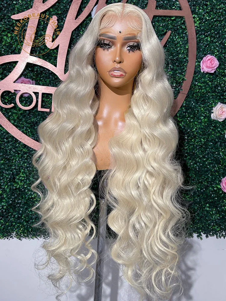 Platinum Ash Blonde Colored Lace Front Human Hair Wig #60 Wavy Pre Plucked 13x6 HD Transparent Lace Frontal Wigs For Women