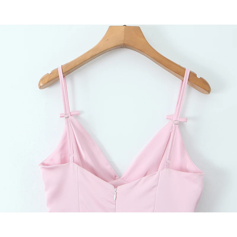 Abito elegante sexy da donna in raso rosa con spalline sottili e scollo a V, abiti da sera midi a trapezio