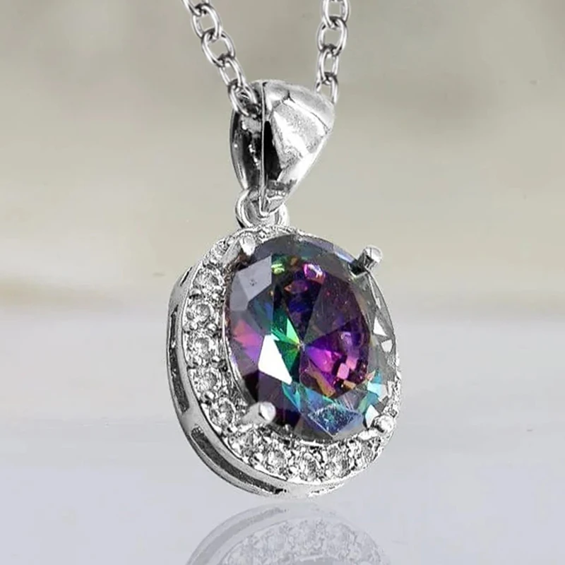 Huitan Temperament Elegant Women's Pendant Necklace with Oval Colored Cubic Zirconia Engagement Wedding Party Neck Accessories