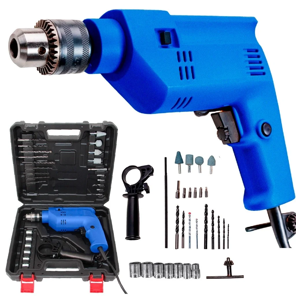 Furadeira e Parafusadeira de Impacto Elétrica 110V 220V com Maleta de Acessórios Kit Completo Profissional para Reparos