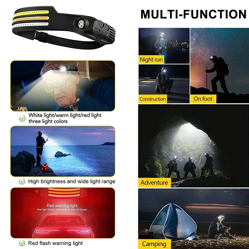 COB LED Headlamp USB Rechargeable Sensor Head Flashlight Built-in 1200mAh Battery Outdoor Camping Fishing Headlight Lantern