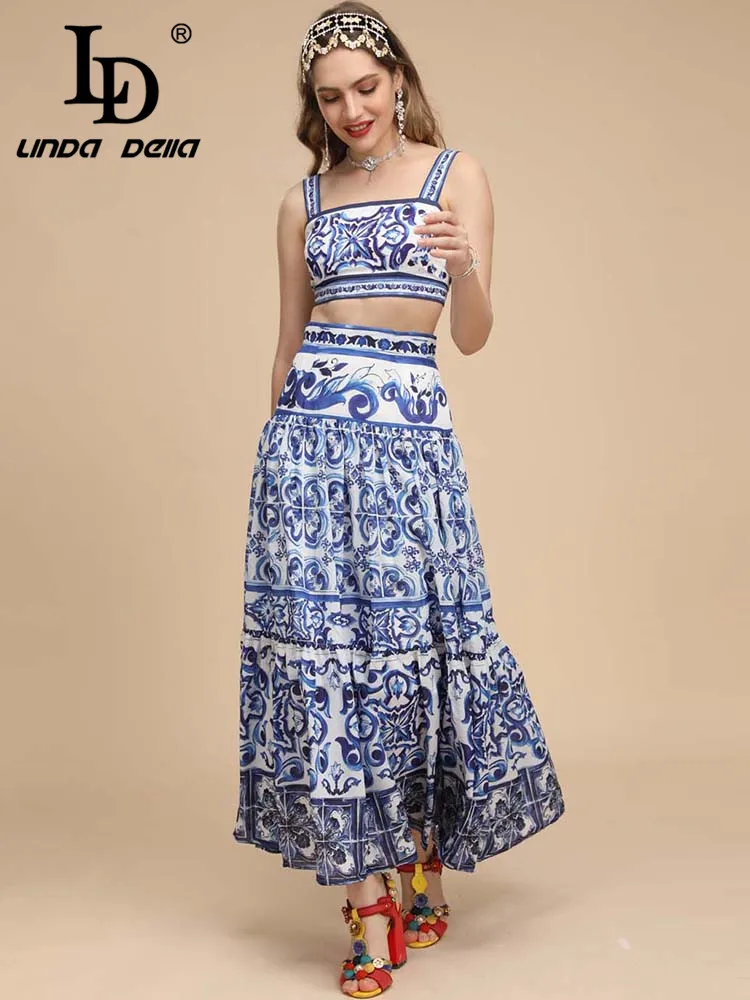 Imagem -03 - Linda Della Férias de Verão Azul e Branco Saias de Porcelana Terno Curto Cami Top Mais Cintura Alta Saia Peças Conjunto para Mulheres ld