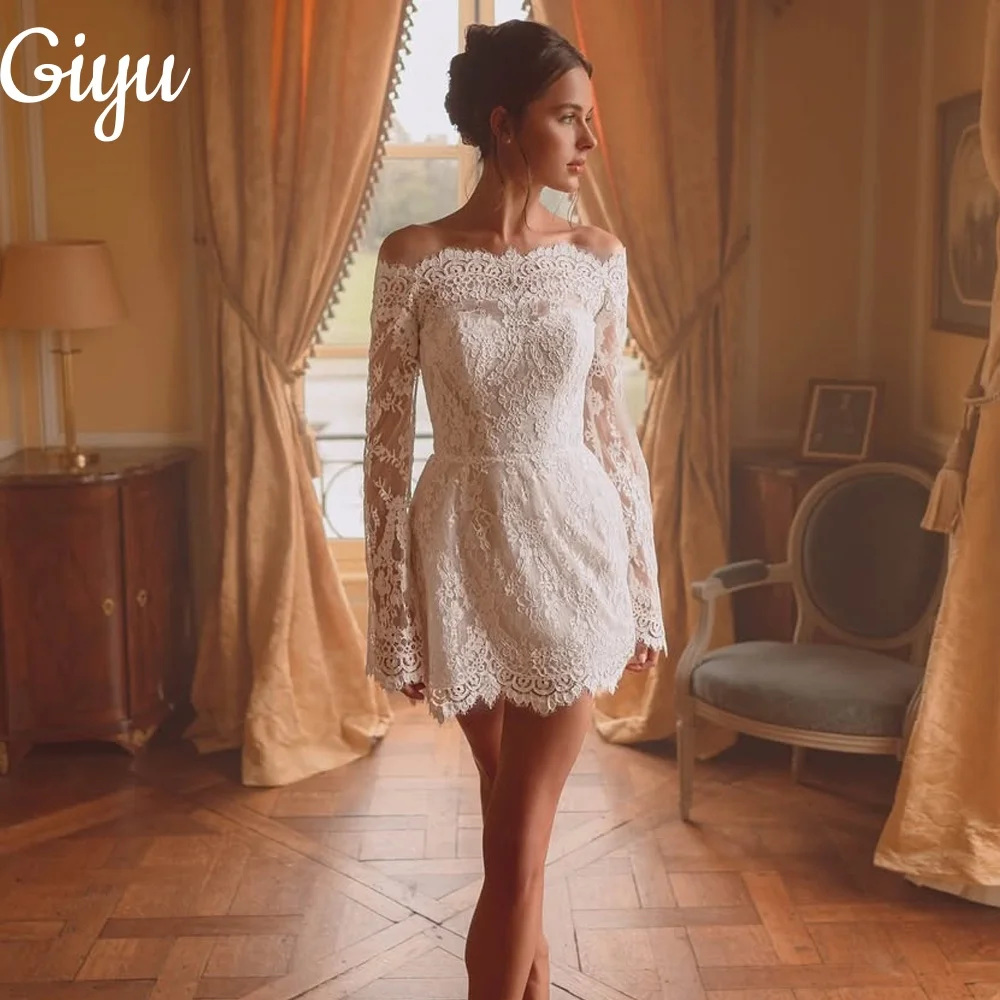 

Giyu Modern Mini A-line Button Wedding Dress Long Sleeve Full Lace Off Shoulder vestidos de novia New Bride Gown Customised 2025