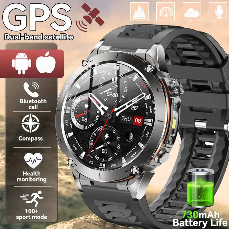 

2025 Новые военные GPS спортивные умные часы для мужчин Bluetooth вызов мониторинг здоровья 3ATM водонепроницаемые 730 мАч умные часы для Android IOS
