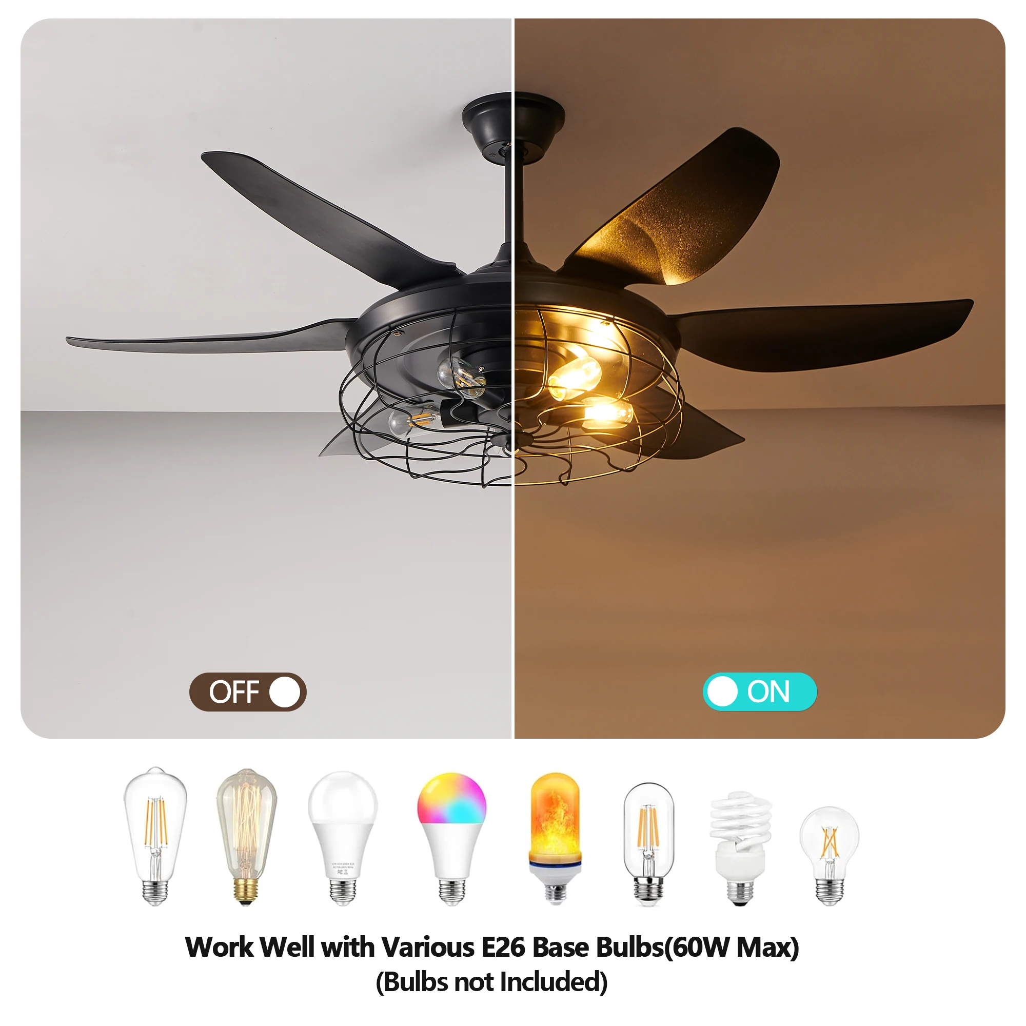 52" Modern Cage Design Black Ceiling Fan Light Remote Control 6 Fan Blades Adjustable Speed for Living Room Bedroom Dining Room